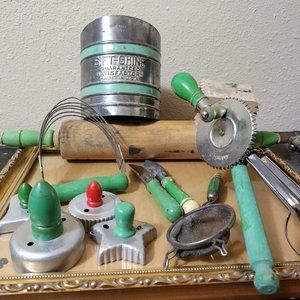 Antique 12 piece Blue / Green Painted Kitchen Utensils. COOL